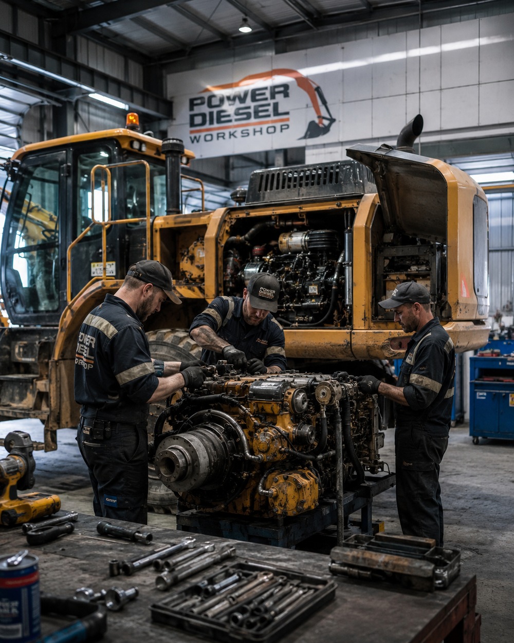 Power Diesel Workshop technician repairing heavy equipment hydraulics