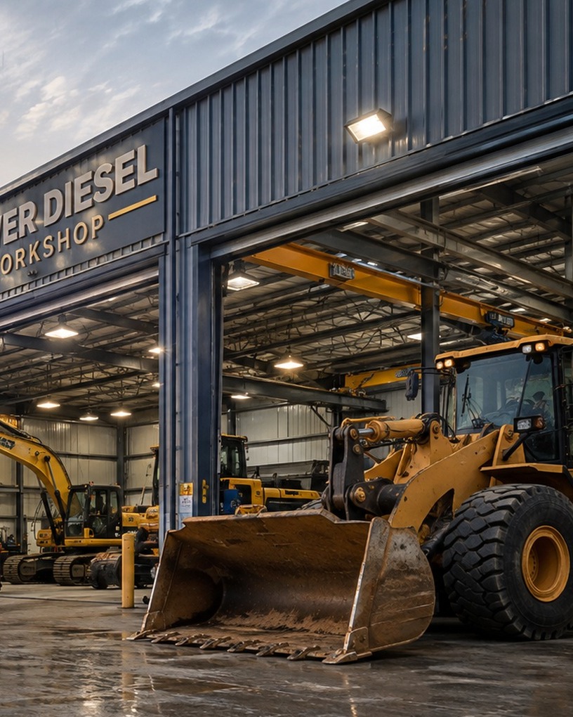 Power Diesel Workshop yard — wheel loader staged outside the Al Mafraq workshop bays